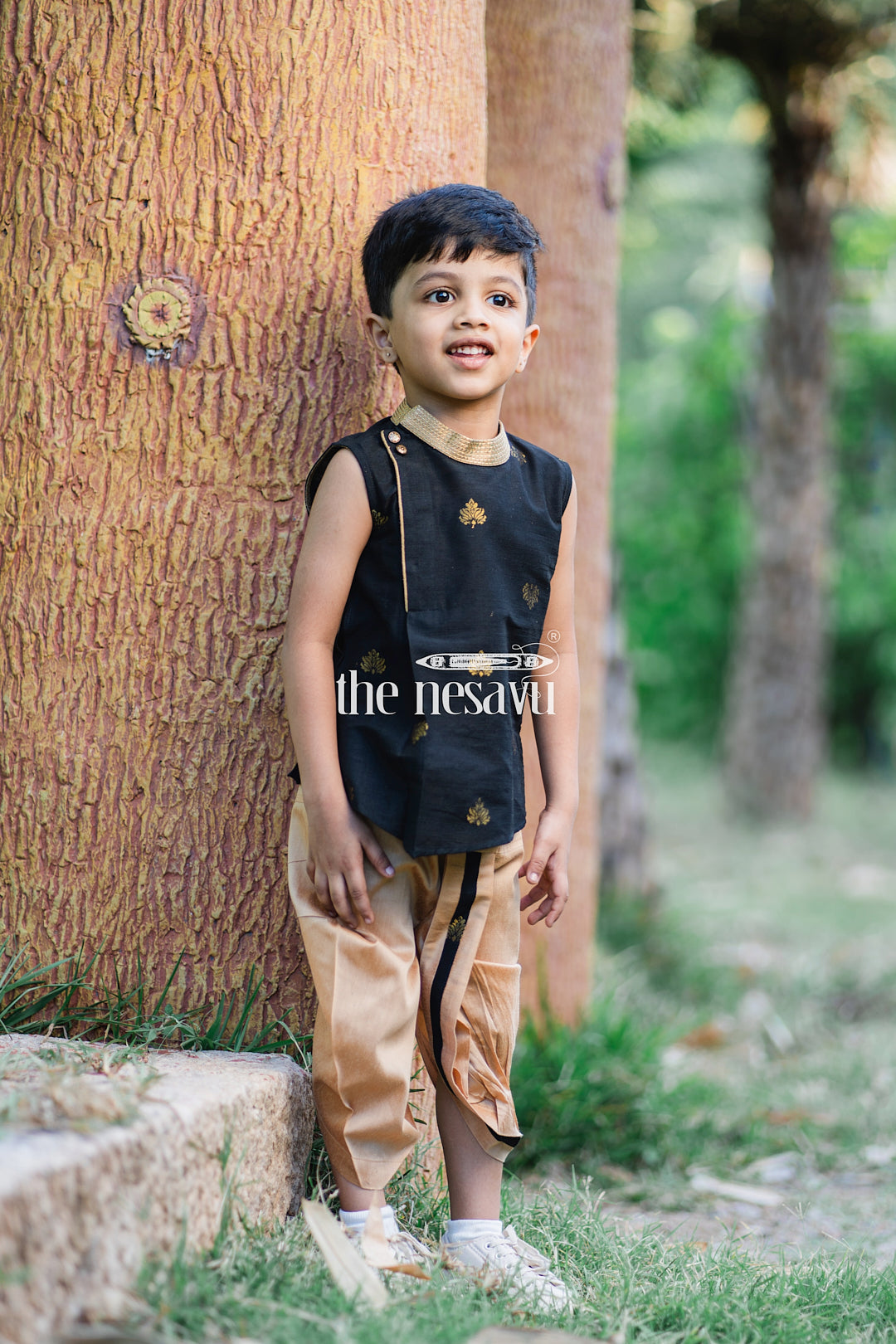 The Nesavu Boys Dothi Set Emerald Threads: Boys Green Kurta & Beige Dhotitraditional Butta Embroidery Nesavu Traditional Boys Clothing | The Nesavu