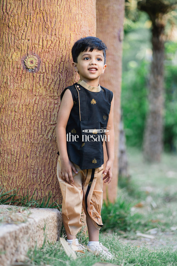 The Nesavu Boys Dothi Set Emerald Threads: Boys Green Kurta & Beige Dhotitraditional Butta Embroidery Nesavu Traditional Boys Clothing | The Nesavu