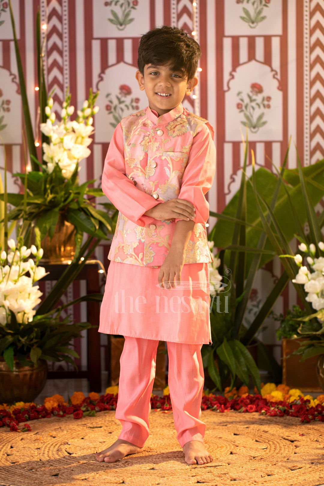 The Nesavu Boys Jacket Sets Enchanted Blossom Boys Pink Kurta with Floral Jacket Set Nesavu 18 (2Y) / Pink / Blend Silk BES512A-18 Boys Pink Floral Jacket Kurta Set | The Nesavu