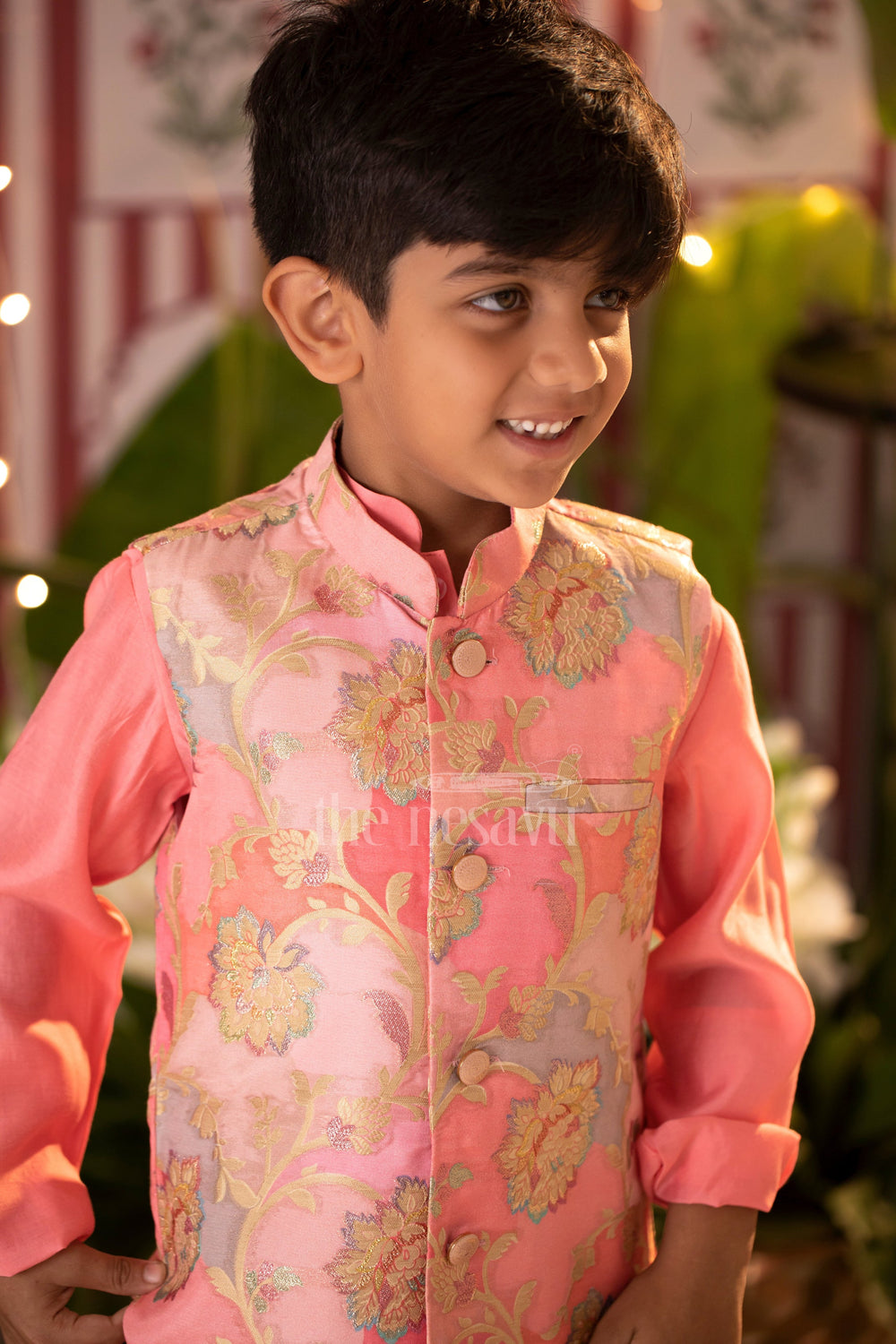 The Nesavu Boys Jacket Sets Enchanted Blossom Boys Pink Kurta with Floral Jacket Set Nesavu Boys Pink Floral Jacket Kurta Set | Elegant Festive Wear | The Nesavu