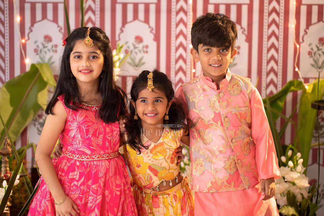 The Nesavu Boys Jacket Sets Enchanted Blossom Boys Pink Kurta with Floral Jacket Set Nesavu Boys Pink Floral Jacket Kurta Set | The Nesavu