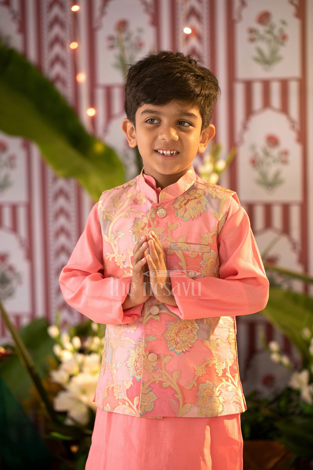 The Nesavu Boys Jacket Sets Enchanted Blossom Boys Pink Kurta with Floral Jacket Set Nesavu Boys Pink Floral Jacket Kurta Set | The Nesavu