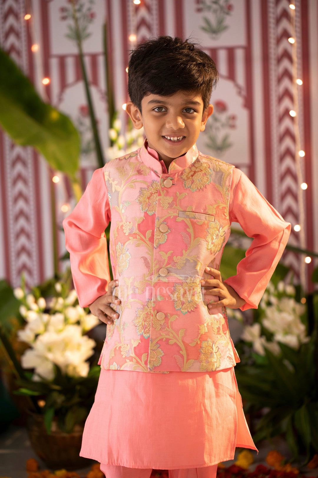 The Nesavu Boys Jacket Sets Enchanted Blossom Boys Pink Kurta with Floral Jacket Set Nesavu Boys Pink Floral Jacket Kurta Set | The Nesavu