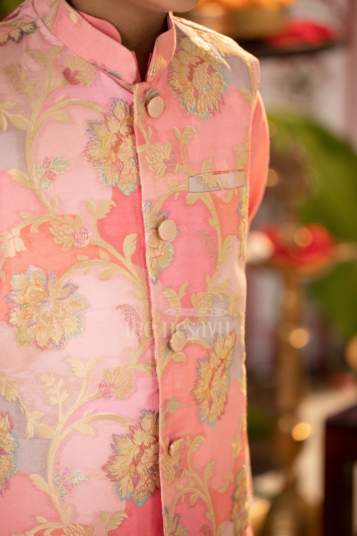The Nesavu Boys Jacket Sets Enchanted Blossom Boys Pink Kurta with Floral Jacket Set Nesavu Boys Pink Floral Jacket Kurta Set | The Nesavu