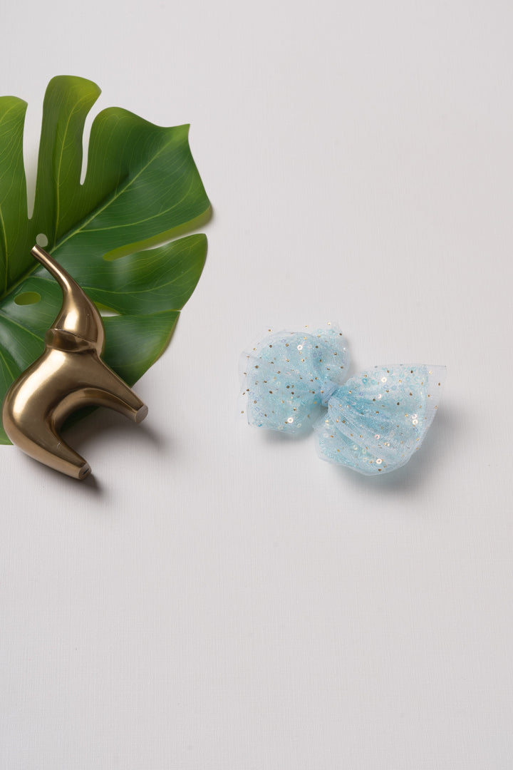 The Nesavu Hair Clip Enchanted Dust Tulle Sequin Bow Clip Nesavu Blue JHCL70C Girls Enchanted Tulle Sequin Bow Clip | Perfect Accessory for Every Occasion | The Nesavu