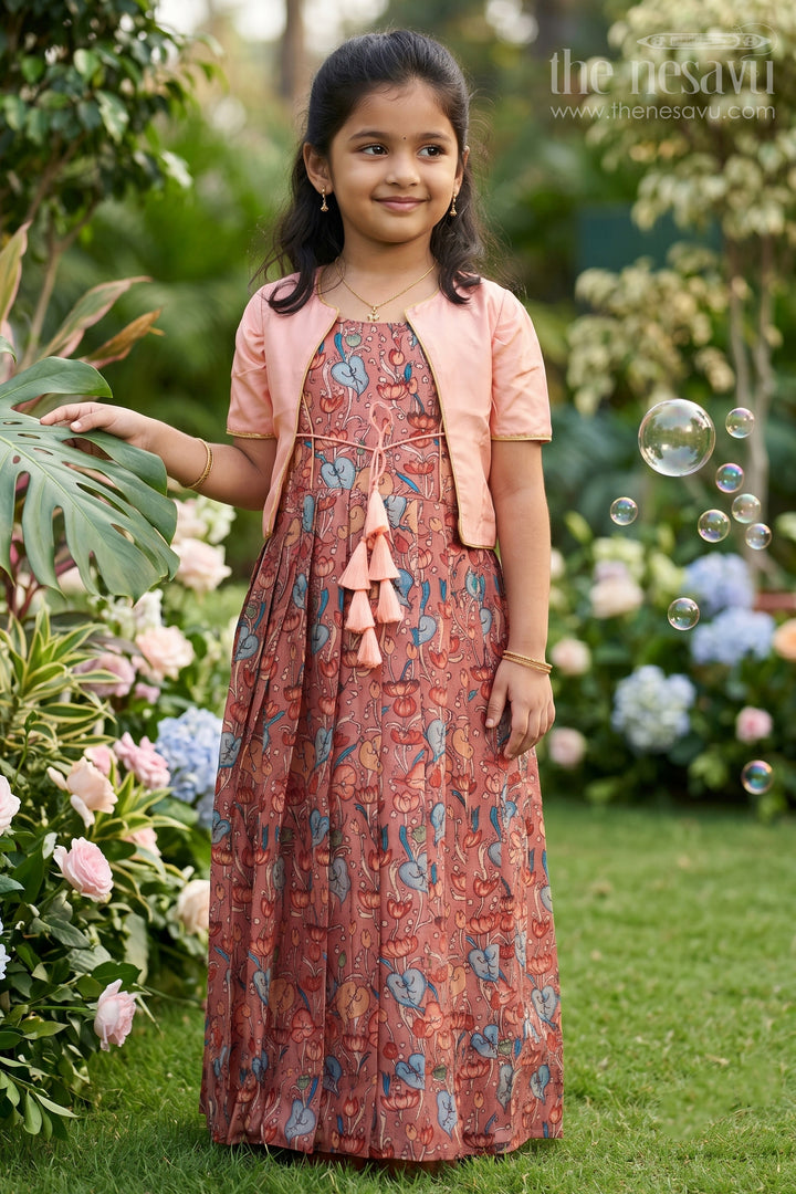 The Nesavu Girls Silk Gown Enchanted Garden: Mauve Anarkali Gown with Delicate Kalamkari Prints &amp; Pink Overcoat Nesavu 16 (1Y) / Pink / Blend Silk GA164B-16 Mauve Kalamkari Printed Anarkali | The Nesavu