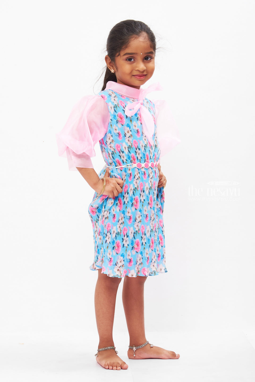 The Nesavu Girls Fancy Frock Enchanted Garden Sheer Fancy Frock with Organza Sleeves for Girls Nesavu Girls Lightweight Summer Cotton Dresses | Sheer Organza Sleeve Frock | The Nesavu