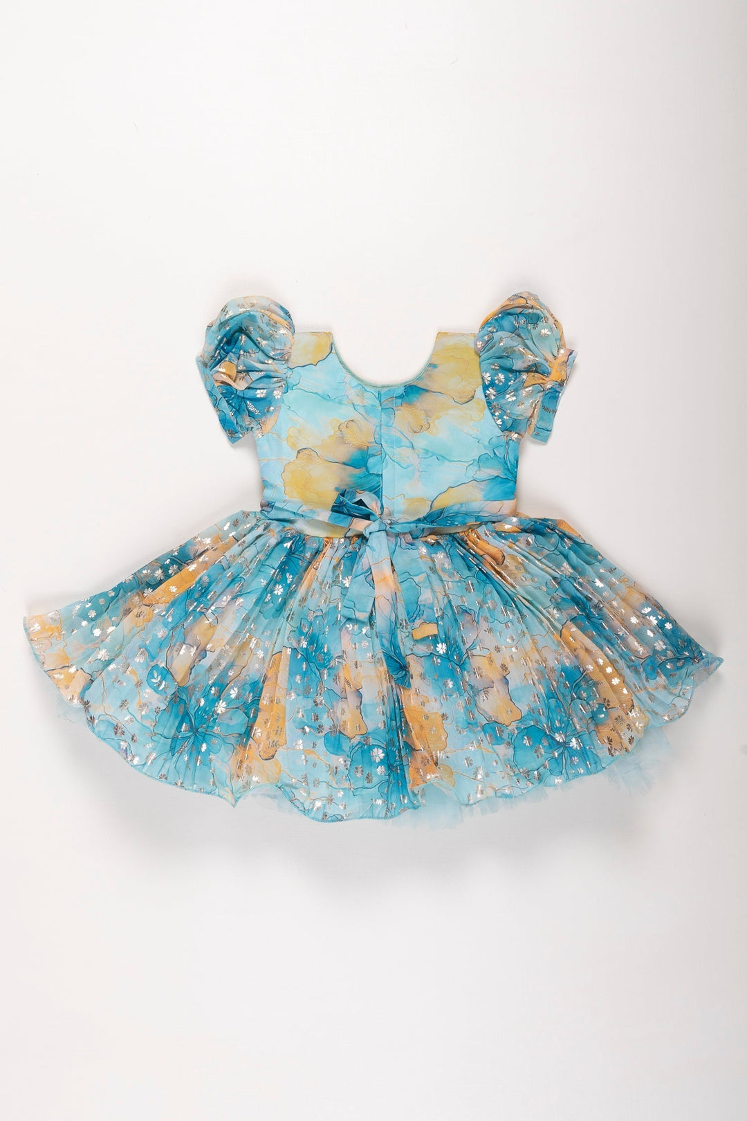 The Nesavu Silk Party Frock Enchanted Garden Silk Party Frock in Blue and Yellow Nesavu Blue & Yellow Floral Silk Frock for Girls | Stone Embroidered Party Dress | The Nesavu