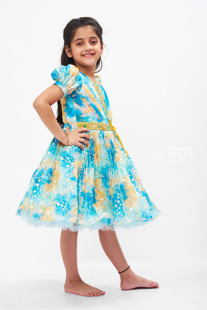 The Nesavu Silk Party Frock Enchanted Garden Silk Party Frock in Blue and Yellow Nesavu Blue & Yellow Floral Silk Frock for Girls | Stone Embroidered Party Dress | The Nesavu