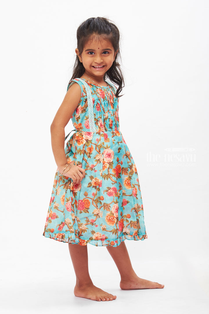 The Nesavu Girls Cotton Frock Enchanted Garden Teal Cotton Frock for Girls Nesavu Teal Floral Cotton Dress for Girls | Perfect Spring-Summer Outfit | The Nesavu