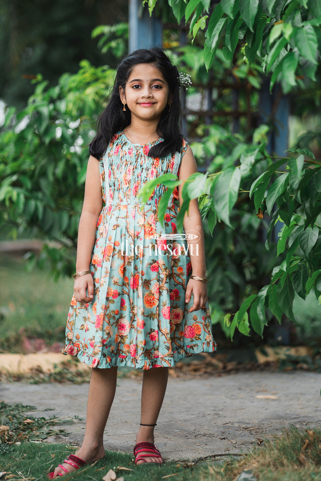 The Nesavu Girls Cotton Frock Enchanted Garden Teal Cotton Frock for Girls Nesavu Teal Floral Cotton Dress for Girls | Perfect Spring-Summer Outfit | The Nesavu