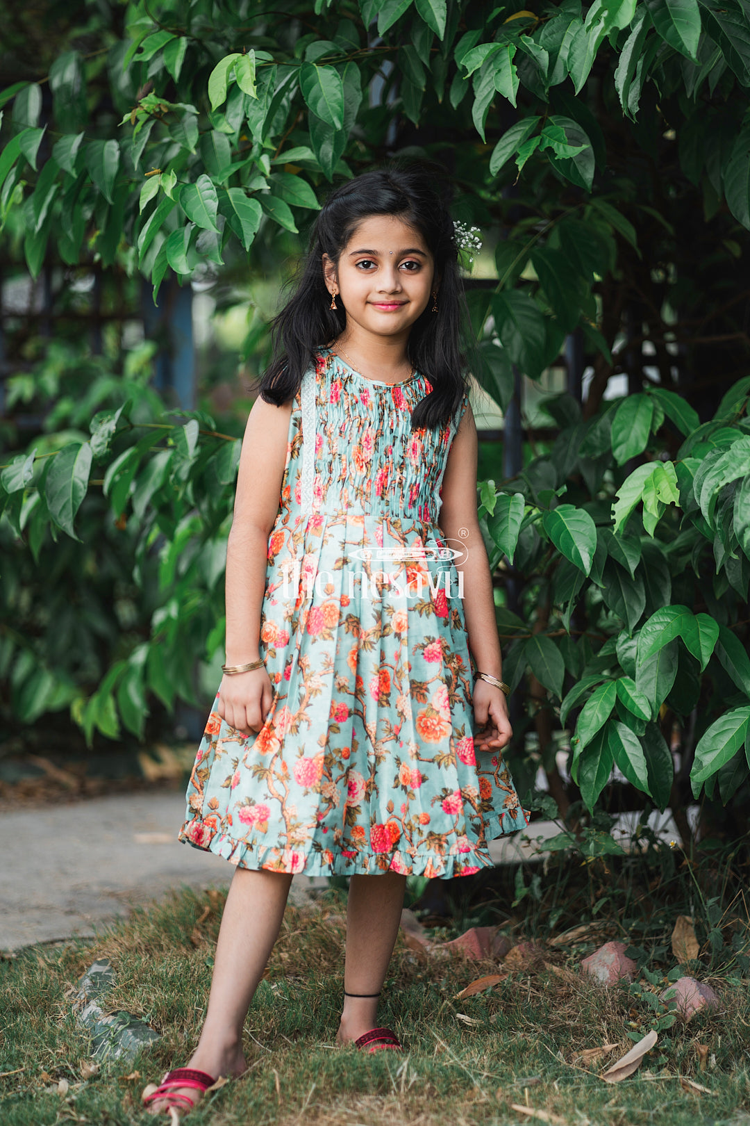The Nesavu Girls Cotton Frock Enchanted Garden Teal Cotton Frock for Girls Nesavu Teal Floral Cotton Dress for Girls | The Nesavu