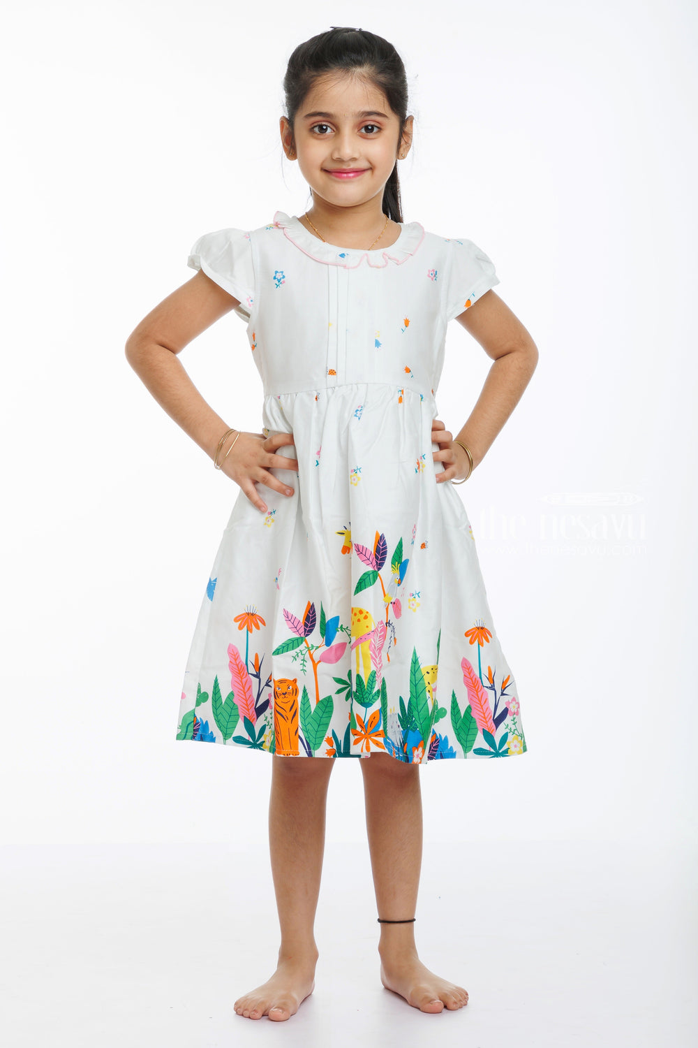 The Nesavu Girls Cotton Frock Enchanted Jungle Print Cotton Frock for Girls Nesavu 20 (3Y) / White / Cotton GFC1303A-20 Shop Colorful Jungle Themed Cotton Dress for Girls | The Nesavu