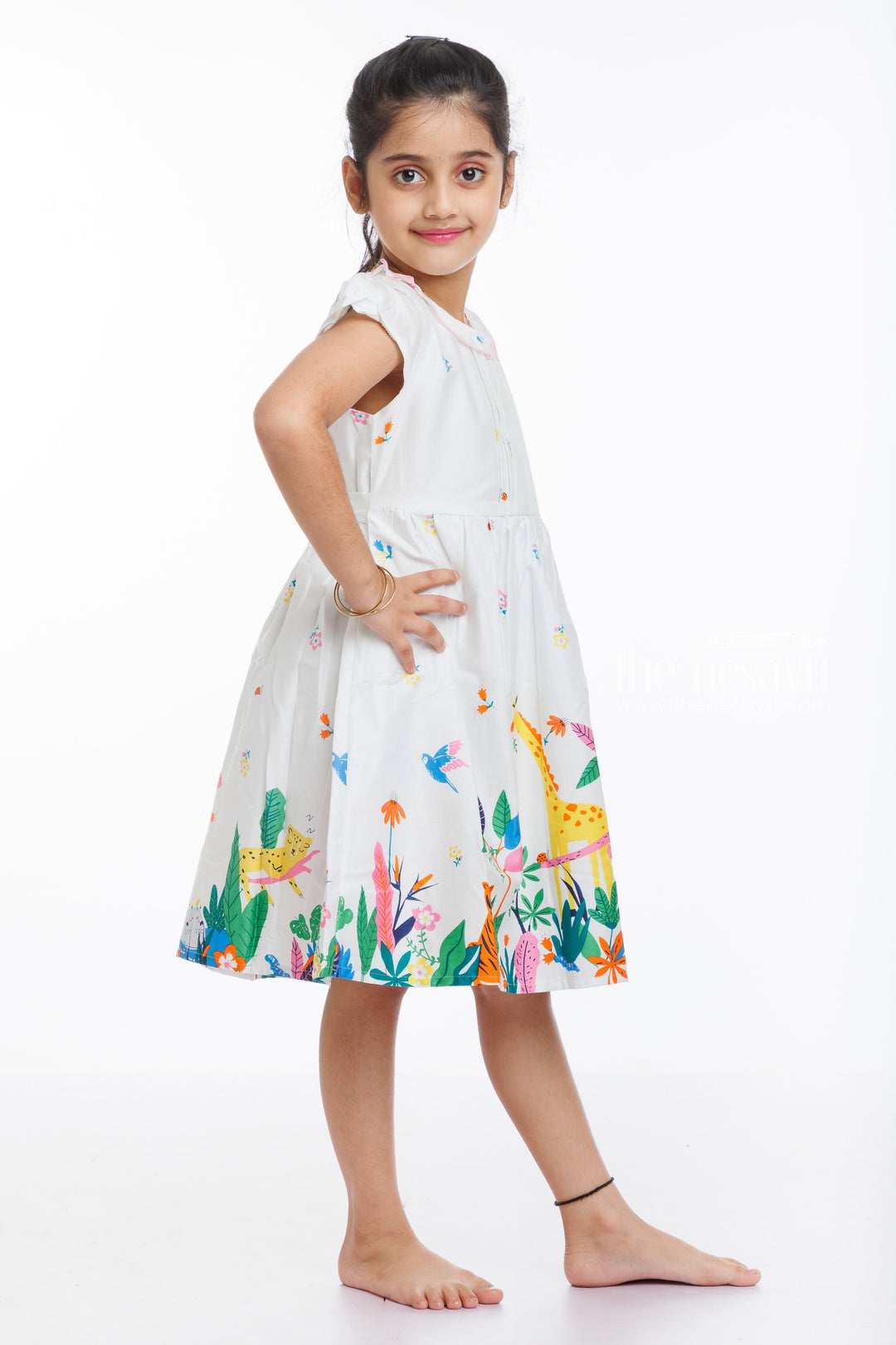 The Nesavu Girls Cotton Frock Enchanted Jungle Print Cotton Frock for Girls Nesavu Shop Colorful Jungle Themed Cotton Dress for Girls | The Nesavu