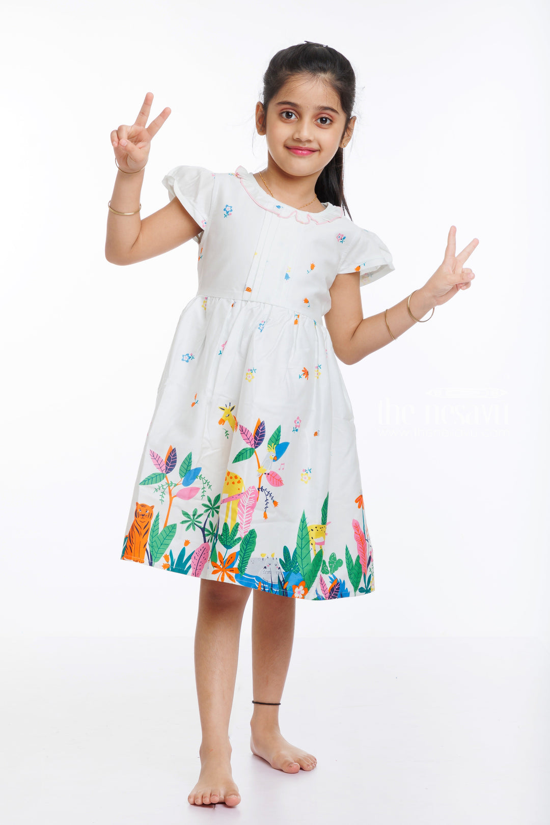 The Nesavu Girls Cotton Frock Enchanted Jungle Print Cotton Frock for Girls Nesavu Shop Colorful Jungle Themed Cotton Dress for Girls | The Nesavu