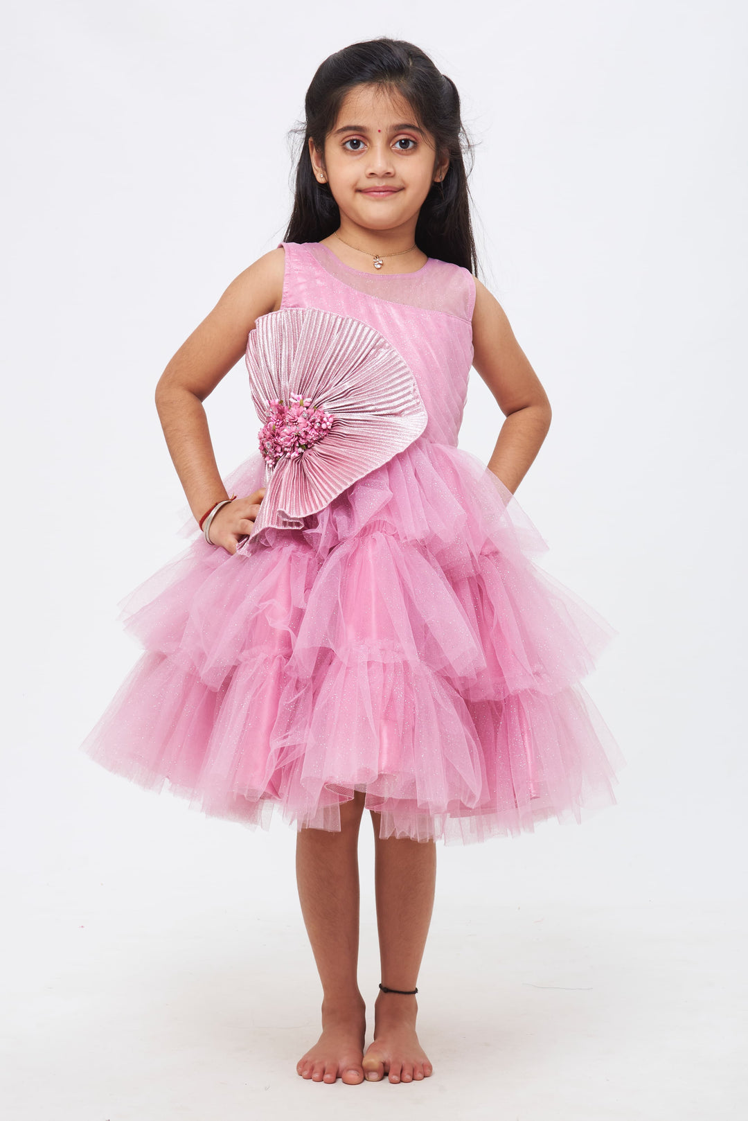 The Nesavu Girls Tutu Frock Enchanted Rose Tulle Dress with Pleated Floral Detail Nesavu 16 (1Y) / Pink / Plain Net PF151B-16 Rose Tulle Dress with Pleated Floral Accent - Delicate Elegance for Little Ladies | The Nesavu