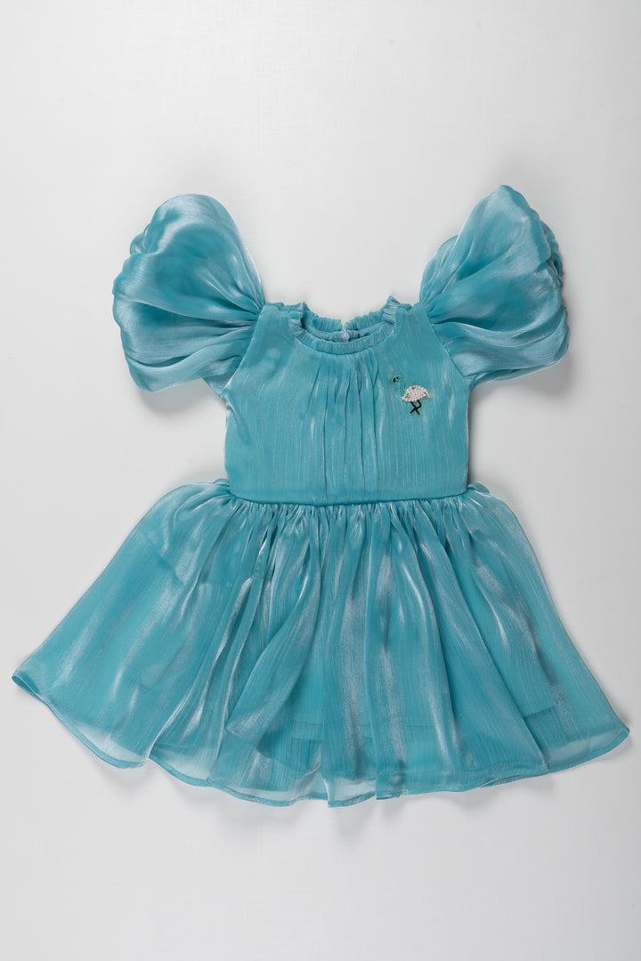 The Nesavu Enchanting Aqua Blue Organza Puff Sleeve Dress for Kids Nesavu 14 (6M) / Blue / Organza PF186A-14 Aqua Blue Organza Puff Sleeve Dress for Kids - Elegant Party Wear