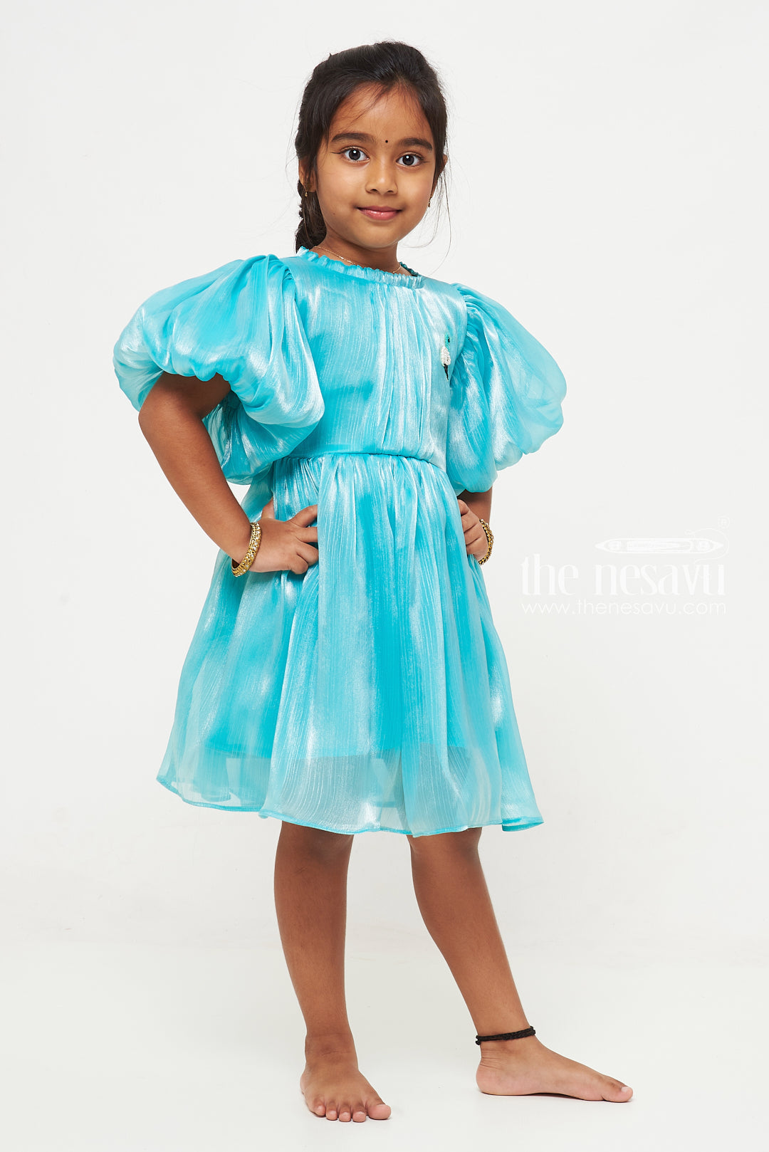 The Nesavu Party Frock Enchanting Aqua Blue Organza Puff Sleeve Dress for Kids Nesavu Aqua Blue Organza Puff Sleeve Dress for Kids - Elegant Party Wear