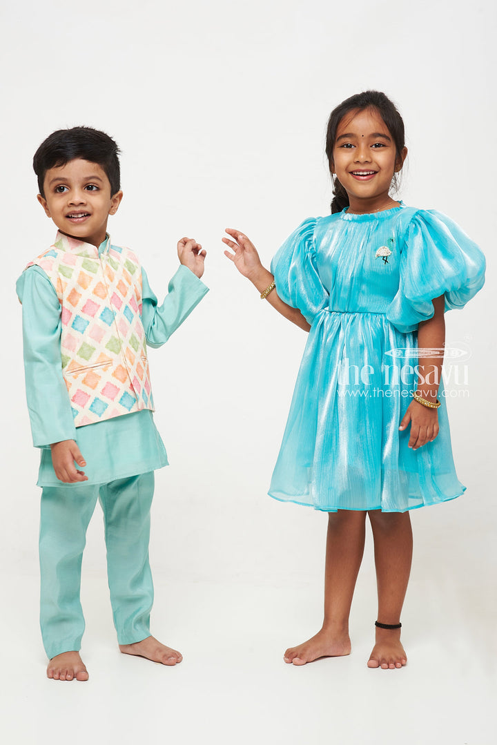 The Nesavu Party Frock Enchanting Aqua Blue Organza Puff Sleeve Dress for Kids Nesavu Aqua Blue Organza Puff Sleeve Dress for Kids - Elegant Party Wear