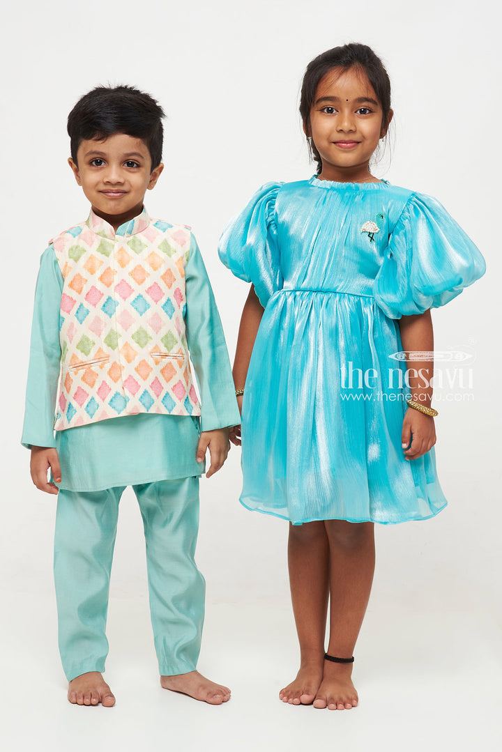 The Nesavu Party Frock Enchanting Aqua Blue Organza Puff Sleeve Dress for Kids Nesavu Aqua Blue Organza Puff Sleeve Dress for Kids - Elegant Party Wear