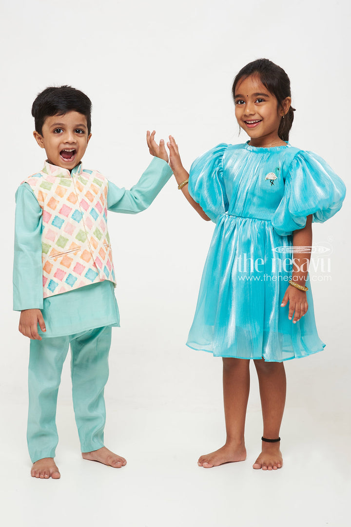 The Nesavu Party Frock Enchanting Aqua Blue Organza Puff Sleeve Dress for Kids Nesavu Aqua Blue Organza Puff Sleeve Dress for Kids - Elegant Party Wear