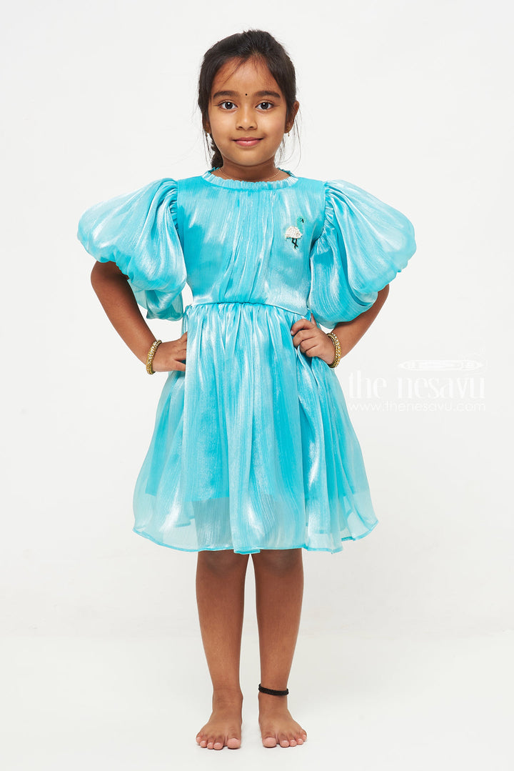 The Nesavu Party Frock Enchanting Aqua Blue Organza Puff Sleeve Dress for Kids Nesavu Aqua Blue Organza Puff Sleeve Dress for Kids - Elegant Party Wear