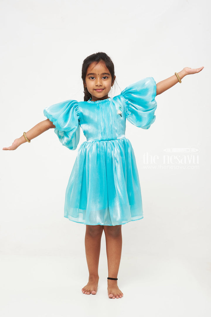 The Nesavu Party Frock Enchanting Aqua Blue Organza Puff Sleeve Dress for Kids Nesavu Aqua Blue Organza Puff Sleeve Dress for Kids - Elegant Party Wear