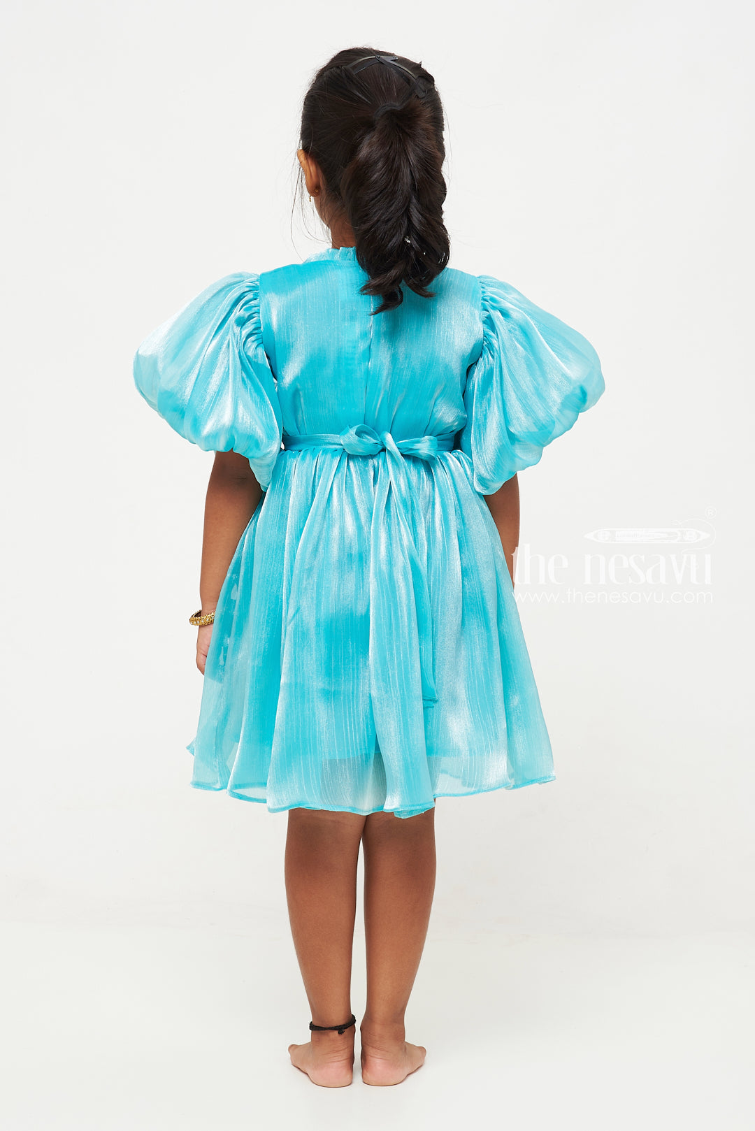 The Nesavu Party Frock Enchanting Aqua Blue Organza Puff Sleeve Dress for Kids Nesavu Aqua Blue Organza Puff Sleeve Dress for Kids - Elegant Party Wear