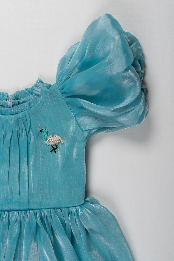 The Nesavu Enchanting Aqua Blue Organza Puff Sleeve Dress for Kids Nesavu Aqua Blue Organza Puff Sleeve Dress for Kids - Elegant Party Wear