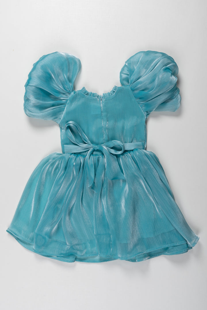 The Nesavu Enchanting Aqua Blue Organza Puff Sleeve Dress for Kids Nesavu Aqua Blue Organza Puff Sleeve Dress for Kids - Elegant Party Wear