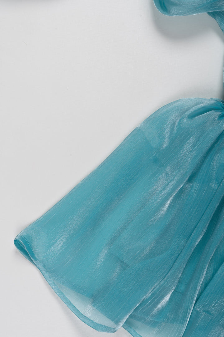 The Nesavu Enchanting Aqua Blue Organza Puff Sleeve Dress for Kids Nesavu Aqua Blue Organza Puff Sleeve Dress for Kids - Elegant Party Wear