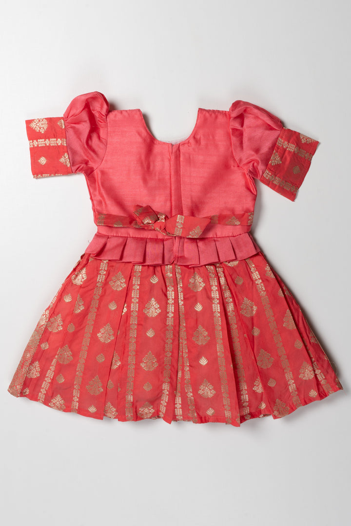 The Nesavu Silk Party Frock Enchanting Coral Silk Frock for Girls: Gold Embroidery and Elegant Festive Design Nesavu Shop Girls Coral Silk Dress with Gold Embroidery | Elegant Wedding and Festive Attire for Kids | The Nesavu