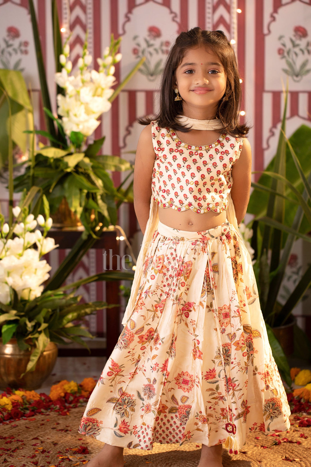 The Nesavu Girls Lehenga Choli Enchanting Floral Lehenga Set with Embellished Choli and Dupatta for Girls Nesavu 16 (1Y) / Half white GL409A-16 Girls Floral Embellished Lehenga Choli Online | Festive Ethnic Wear | The Nesavu