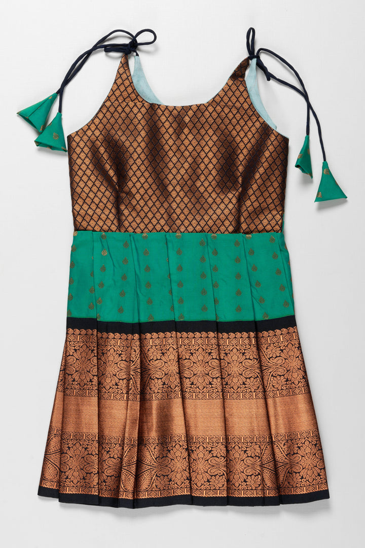 The Nesavu Tie-up Frock Enchanting Green and Bronze Silk Knot-Tie Frock for Ayush Homam and Noolukettu: A Blend of Tradition Nesavu 14 (6M) / Green / Style 1 T378A-14 Chic Green and Bronze Silk Dresses for Girls | Elegant Party Wear with KnotTie Detail | The Nesavu