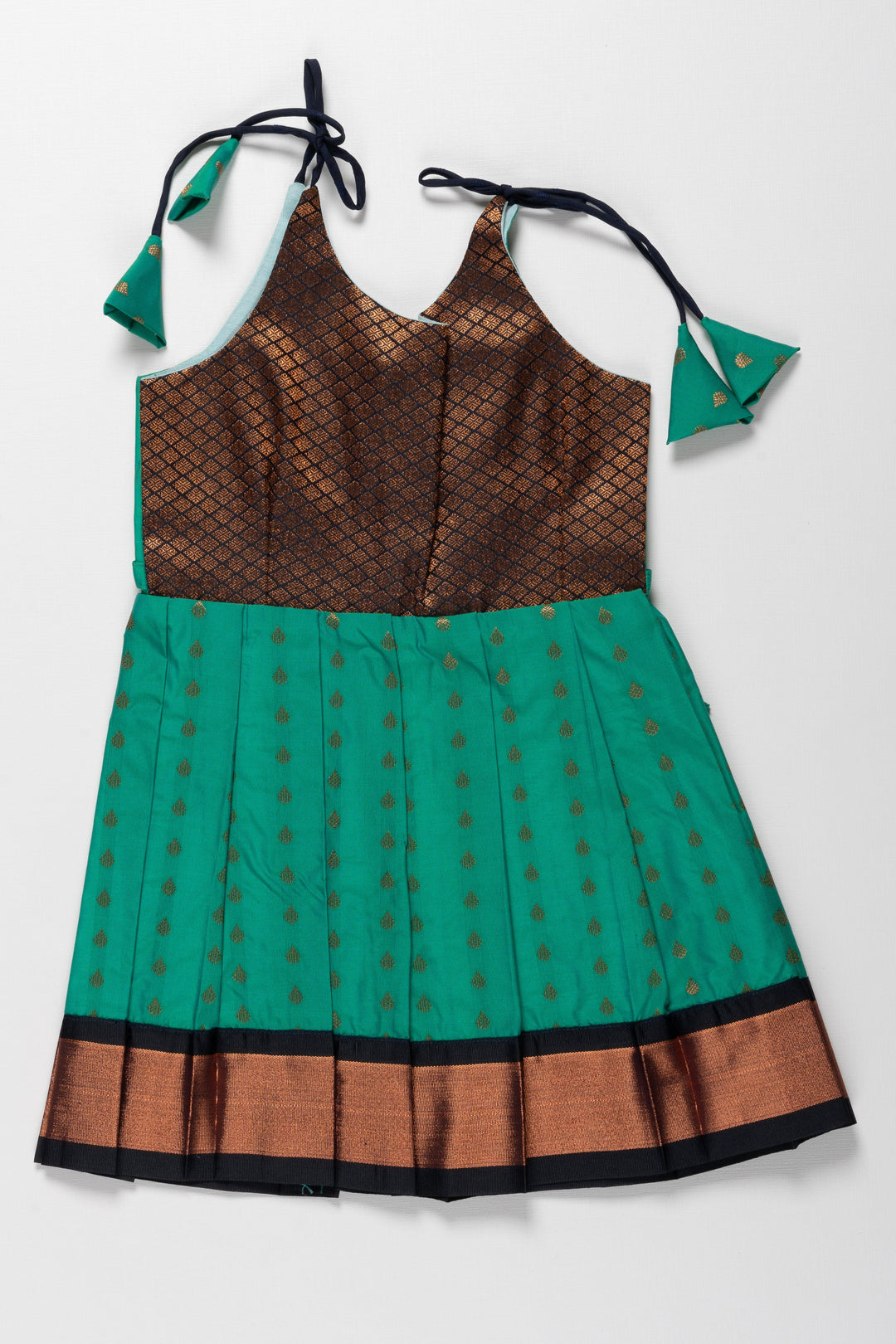 The Nesavu Tie-up Frock Enchanting Green and Bronze Silk Knot-Tie Frock for Ayush Homam and Noolukettu: A Blend of Tradition Nesavu 14 (6M) / Green / Style 3 T378C-14 Chic Green and Bronze Silk Dresses for Girls | Elegant Party Wear with KnotTie Detail | The Nesavu
