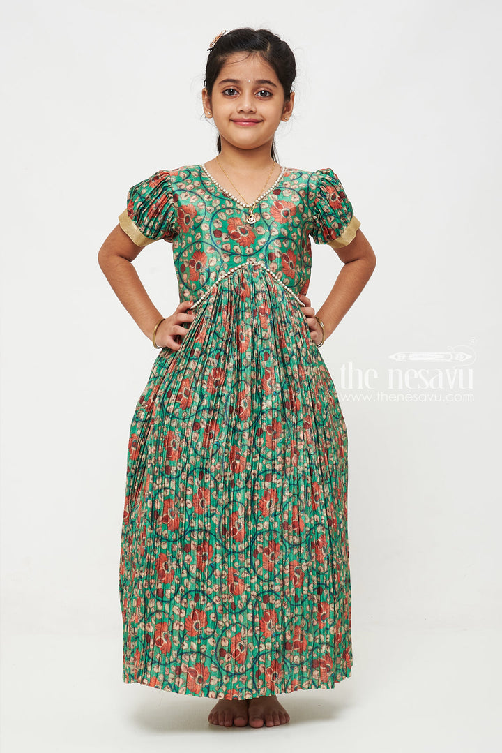 The Nesavu Girls Silk Gown Enchanting Green Floral Anarkali Frock for Girls Nesavu Enchanting Green Floral Anarkali Frock for Girls with Puffed Sleeves