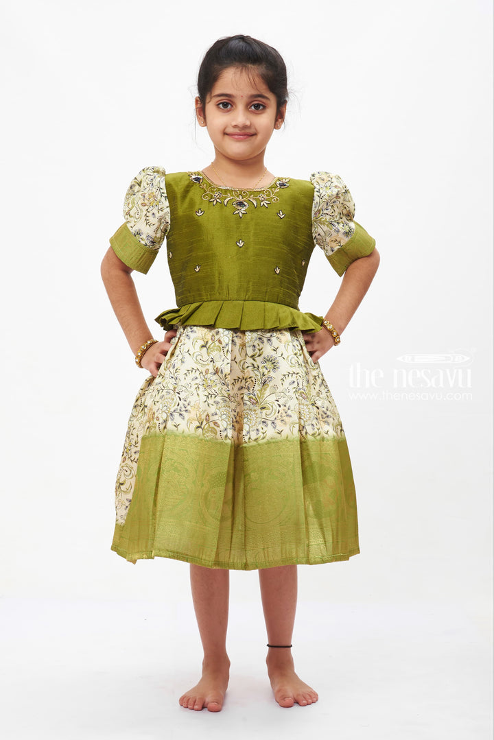 The Nesavu Silk Embroidered Frock Enchanting Green Zari-Embroidered with Floral Print Silk Frock for Girls Nesavu 16 (1Y) / Green SF738A-16 Girls Green Floral Printed Silk Frock | Zari Embroidery | Traditional Attire | The Nesavu