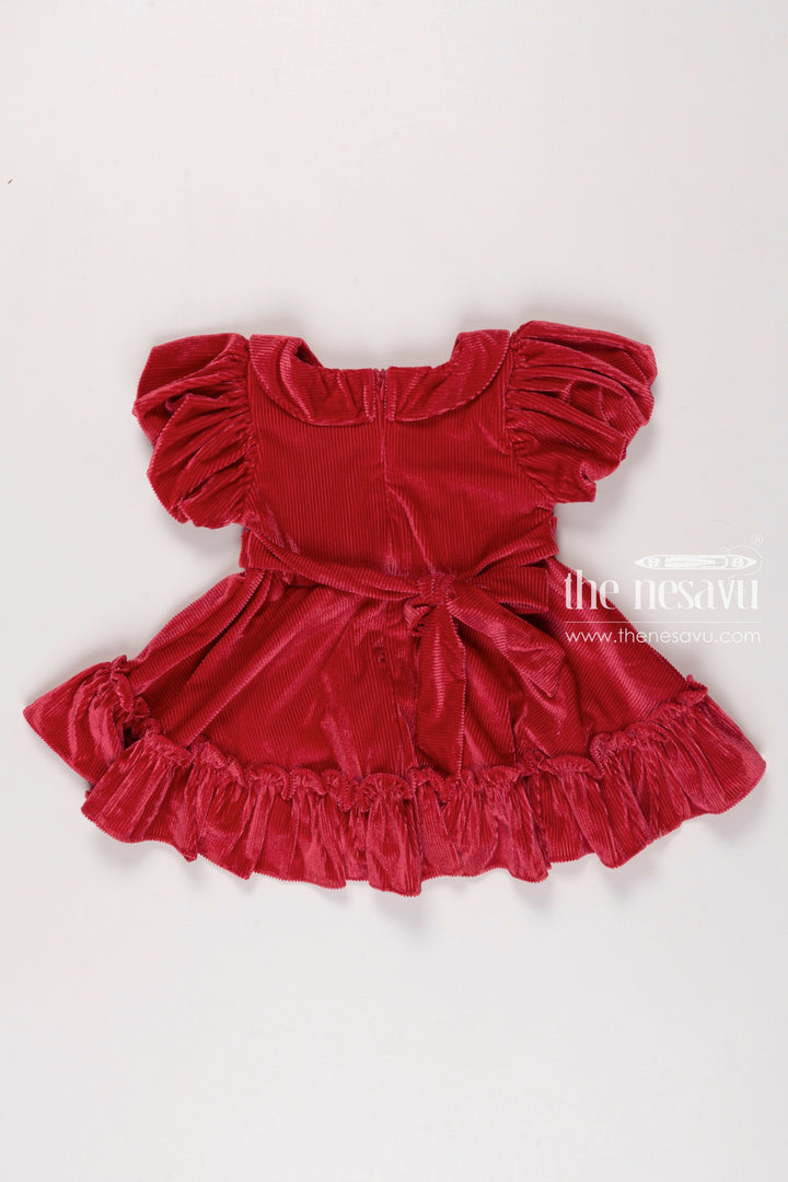 The Nesavu Girls Fancy Frock Enchanting Ruby Red Velvet Party Frock for Girls Chic & Festive Nesavu Girls Red Velvet Dress | Festive Party Frock | Elegant Kids Birthday Outfit | The Nesavu