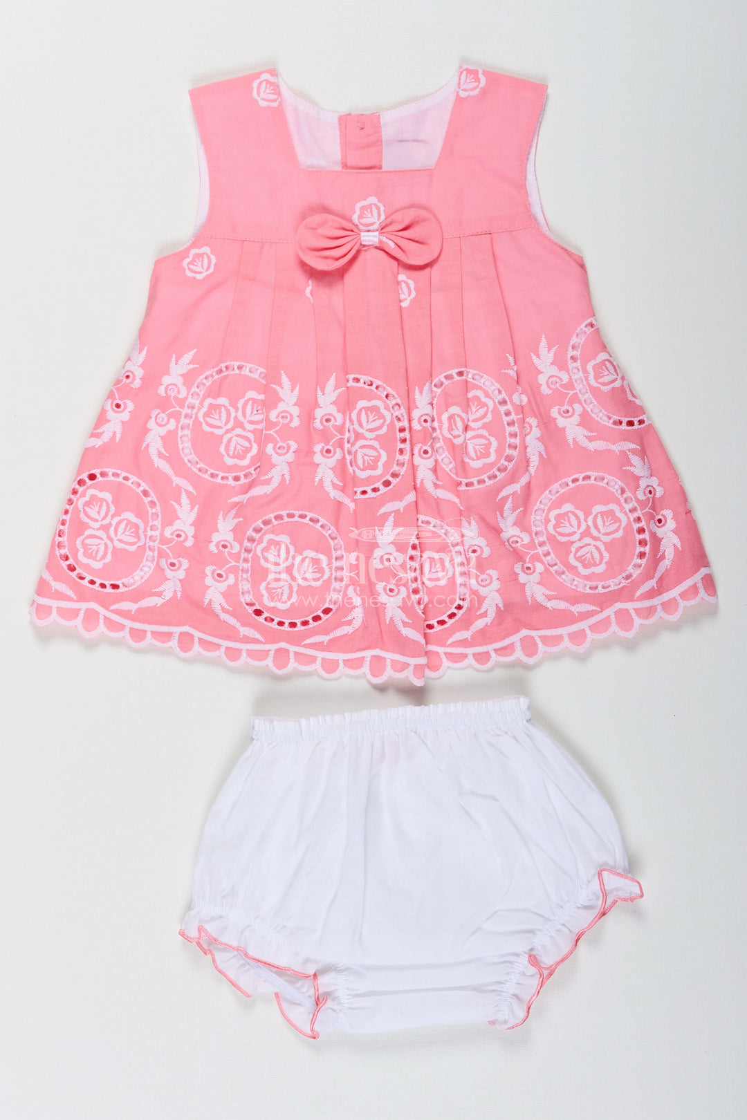 The Nesavu Baby Cotton Frocks Engagement Frock for Baby Girls in Peach Pink Hakoba Cotton with White Embroidery and Bloomers Nesavu 10 (NB) / Pink BFJ790A-10 Engagement Frock Baby Girls Peach Pink Cotton Hakoba Embroidery | The Nesavu