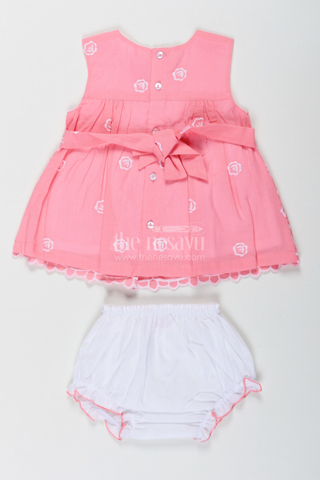 The Nesavu Baby Cotton Frocks Engagement Frock for Baby Girls in Peach Pink Hakoba Cotton with White Embroidery and Bloomers Nesavu Engagement Frock Baby Girls Peach Pink Cotton Hakoba Embroidery | The Nesavu