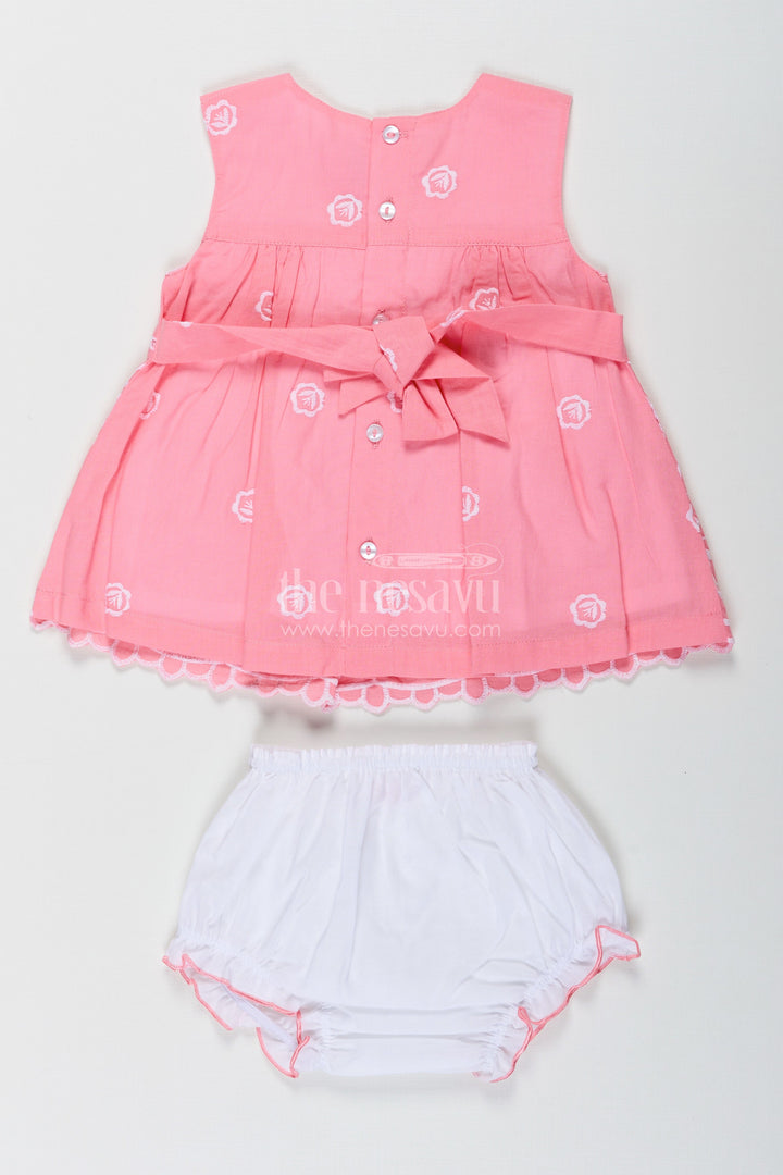 The Nesavu Baby Cotton Frocks Engagement Frock for Baby Girls in Peach Pink Hakoba Cotton with White Embroidery and Bloomers Nesavu Engagement Frock Baby Girls Peach Pink Cotton Hakoba Embroidery | The Nesavu