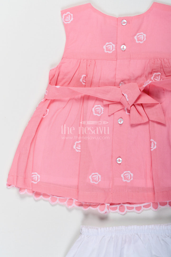 The Nesavu Baby Cotton Frocks Engagement Frock for Baby Girls in Peach Pink Hakoba Cotton with White Embroidery and Bloomers Nesavu Engagement Frock Baby Girls Peach Pink Cotton Hakoba Embroidery | The Nesavu