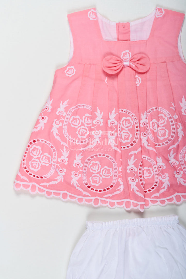 The Nesavu Baby Cotton Frocks Engagement Frock for Baby Girls in Peach Pink Hakoba Cotton with White Embroidery and Bloomers Nesavu Engagement Frock Baby Girls Peach Pink Cotton Hakoba Embroidery | The Nesavu