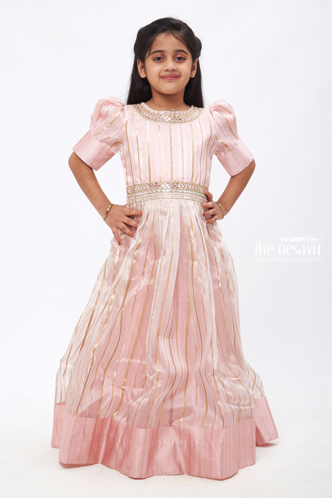 The Nesavu Girls Party Gown Ethereal Elegance: Pink Mirror Embroidered Anarkali Gown for Girls Nesavu 18 (2Y) / Pink / Organza GA149D-18 Girls Anarkali Gowns | Traditional Elegance for Festive Moments | The Nesavu