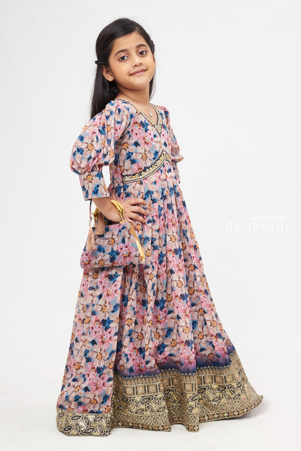 The Nesavu Girls Party Gown Ethereal Floral Diwali Anarkali Gown with Exquisite Sequin Embellishments for Girls Nesavu Pastel Floral Designer Anarkali Gown | Diwali Special Girls Festive Collection | The Nesavu