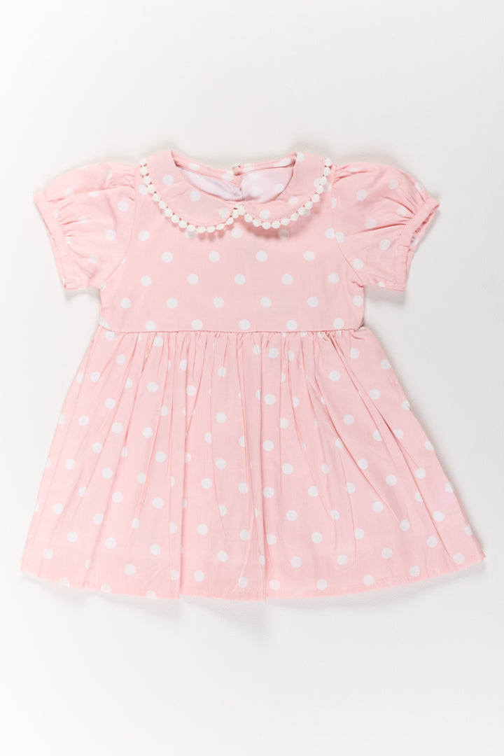 The Nesavu Girls Cotton Frock Ethnic Attire for Girls in Pink Polka Dot Print with Lace Collar and Puff Sleeves Nesavu 10 (NB) / Pink GFC1584B-10 Ethnic Pink Polka Dot Dress Girls Lace Collar Puff Sleeves | The Nesavu