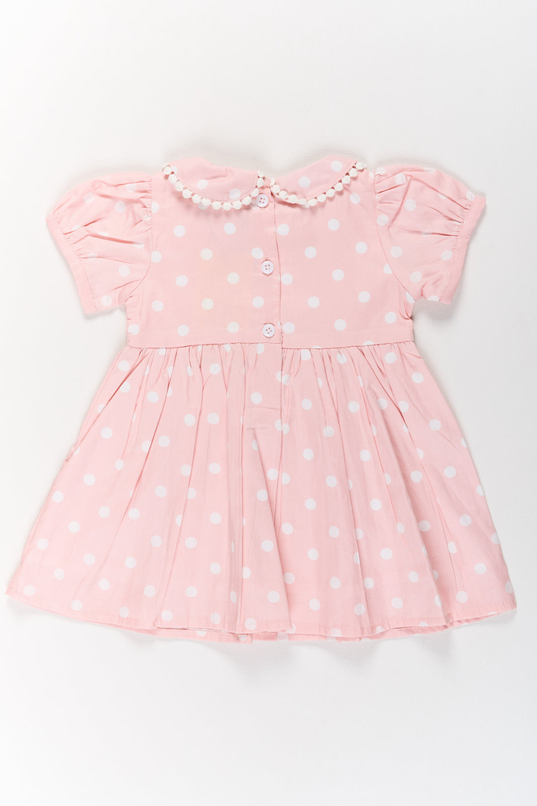 The Nesavu Girls Cotton Frock Ethnic Attire for Girls in Pink Polka Dot Print with Lace Collar and Puff Sleeves Nesavu Ethnic Pink Polka Dot Dress Girls Lace Collar Puff Sleeves | The Nesavu
