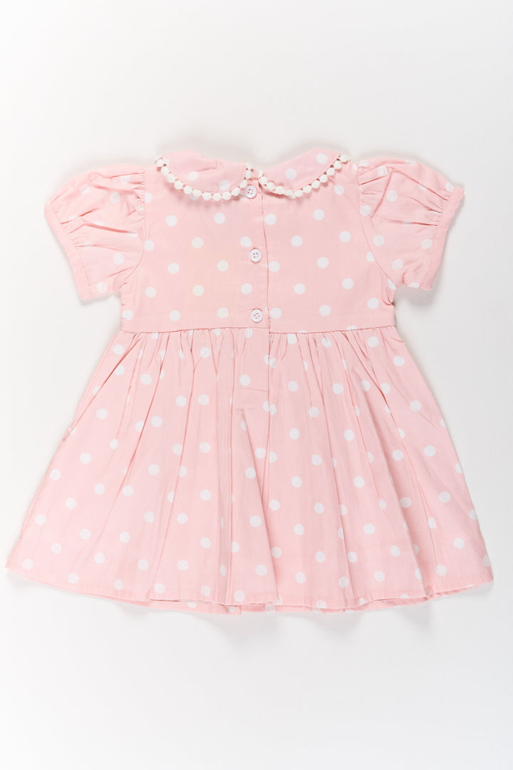 The Nesavu Girls Cotton Frock Ethnic Attire for Girls in Pink Polka Dot Print with Lace Collar and Puff Sleeves Nesavu Ethnic Pink Polka Dot Dress Girls Lace Collar Puff Sleeves | The Nesavu