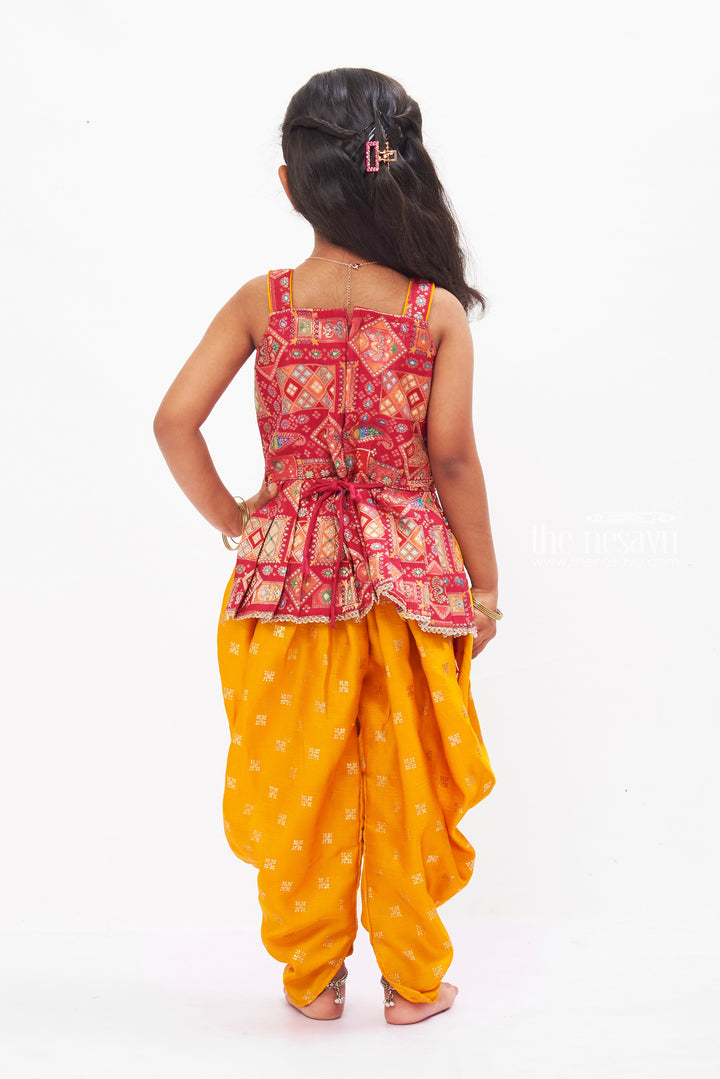 The Nesavu Girls Dothi Sets Ethnic Bandhani Print Kurti with Vibrant Yellow Dhoti Pant Set for Girls Nesavu Girls Bandhani Kurti with Yellow Dhoti | Festive Indian Ethnic Wear | The Nesavu