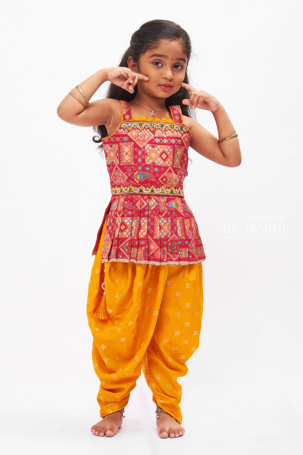 The Nesavu Girls Dothi Sets Ethnic Bandhani Print Kurti with Vibrant Yellow Dhoti Pant Set for Girls Nesavu Girls Bandhani Kurti with Yellow Dhoti | Festive Indian Ethnic Wear | The Nesavu